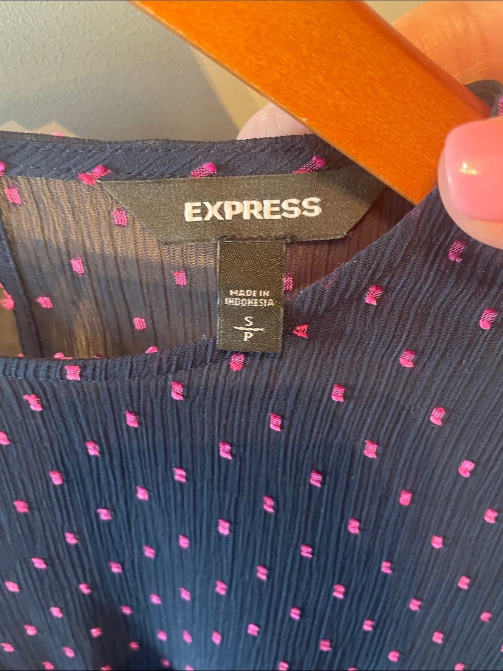 Express Navy Blouse with Pink Dots Size Small - Picture 2 of 10